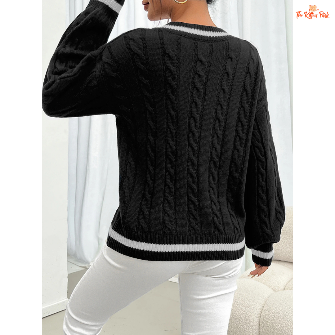 Striped Trim Twisted Flower Knit Shoulder Sweater Women with solid knit body, striped trims, V-neck, and casual full-length sleeves for autumn/winter wear.