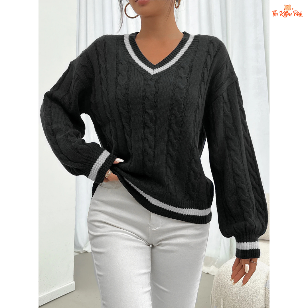 Striped Trim Twisted Flower Knit Shoulder Sweater Women with solid knit body, striped trims, V-neck, and casual full-length sleeves for autumn/winter wear.