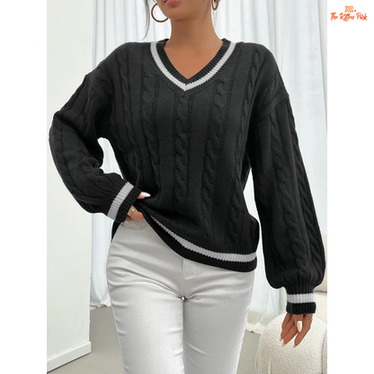 Striped Trim Twisted Flower Knit Shoulder Sweater Women with solid knit body, striped trims, V-neck, and casual full-length sleeves for autumn/winter wear.