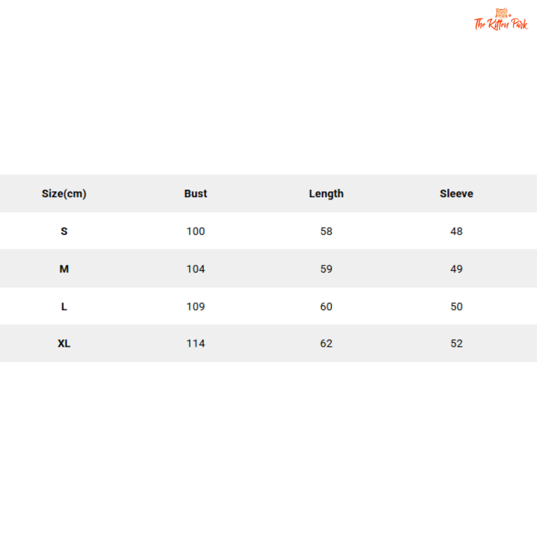 Size chart for clothing with measurements in centimeters