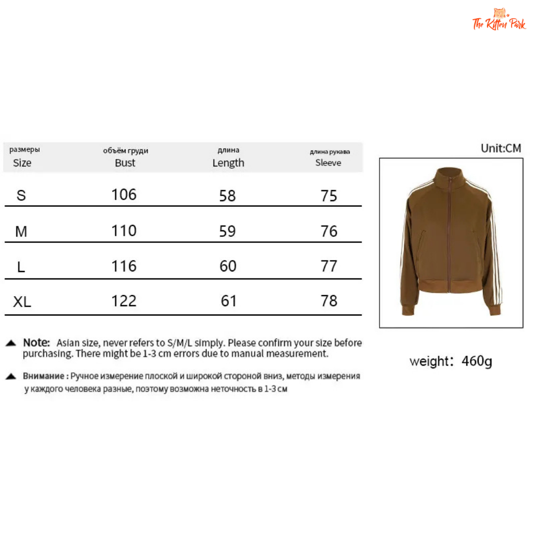 Measurement chart and jacket image with size details on a white background