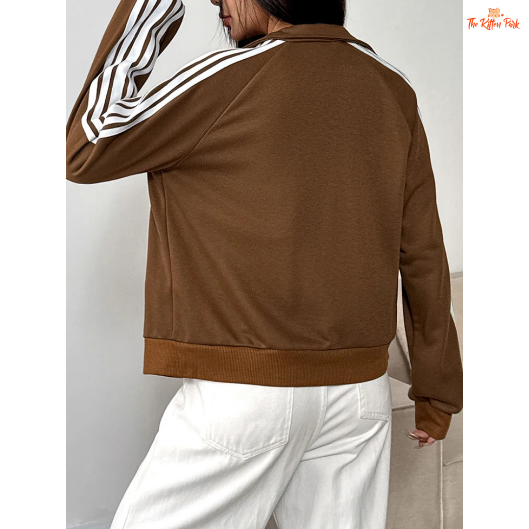 Striped Turn-Down Collar Zipper Coat for Women featuring a striped design, turn-down collar, zipper closure, and sporty streetwear look for autumn.