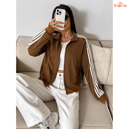 Striped Turn-Down Collar Zipper Coat for Women featuring a striped design, turn-down collar, zipper closure, and sporty streetwear look for autumn.