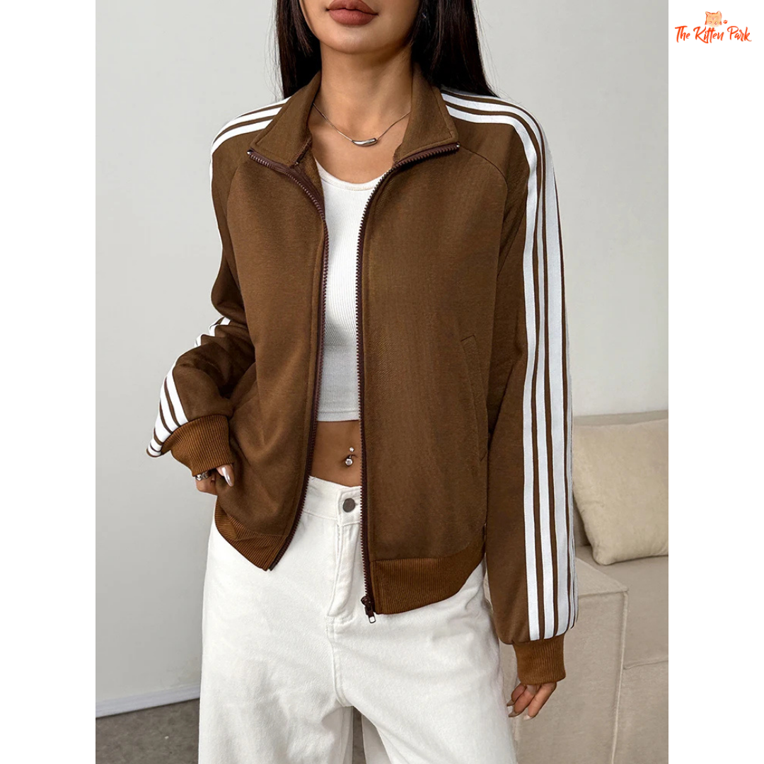 Striped Turn-Down Collar Zipper Coat for Women featuring a striped design, turn-down collar, zipper closure, and sporty streetwear look for autumn.