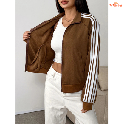 Striped Turn-Down Collar Zipper Coat for Women featuring a striped design, turn-down collar, zipper closure, and sporty streetwear look for autumn.