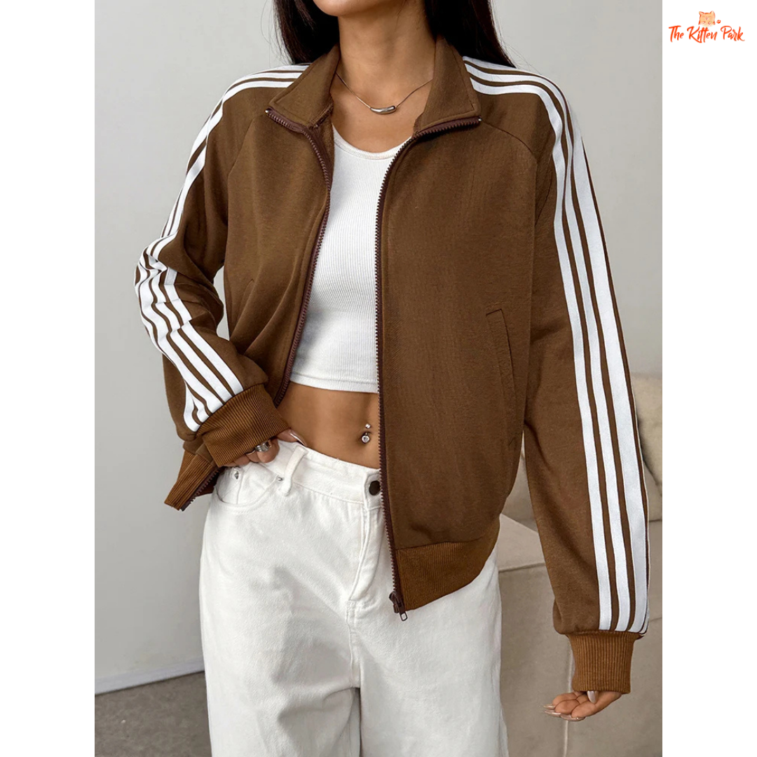 Striped Turn-Down Collar Zipper Coat for Women featuring a striped design, turn-down collar, zipper closure, and sporty streetwear look for autumn.