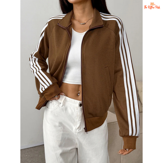 Striped Turn-Down Collar Zipper Coat for Women featuring a striped design, turn-down collar, zipper closure, and sporty streetwear look for autumn.