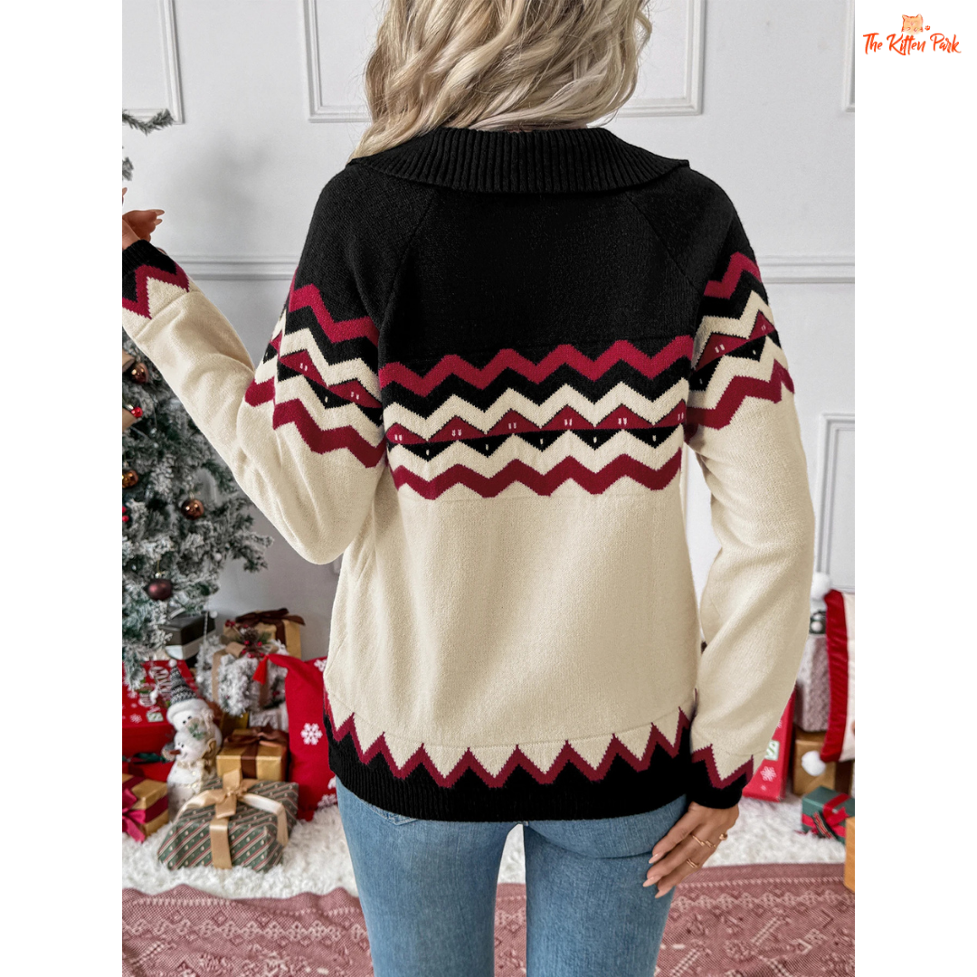 Striped V-Neck Christmas Sweater, women’s festive holiday knit with slim striped design, V-neck, full sleeves, and cozy autumn/winter fit.