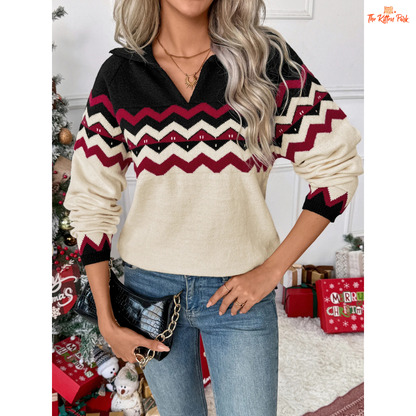 Striped V-Neck Christmas Sweater, women’s festive holiday knit with slim striped design, V-neck, full sleeves, and cozy autumn/winter fit.