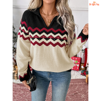 Striped V-Neck Christmas Sweater, women’s festive holiday knit with slim striped design, V-neck, full sleeves, and cozy autumn/winter fit.