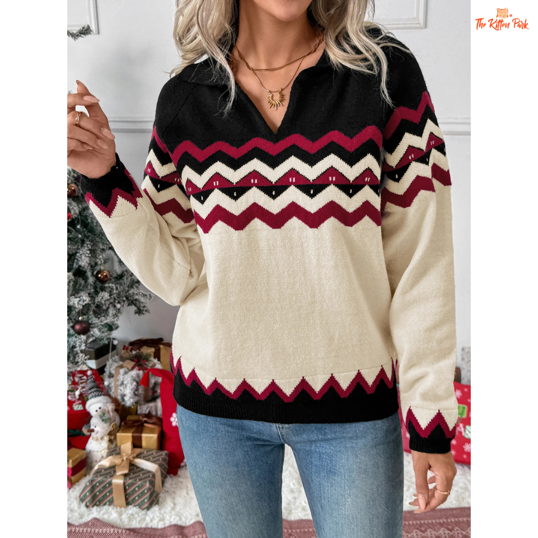 Striped V-Neck Christmas Sweater, women’s festive holiday knit with slim striped design, V-neck, full sleeves, and cozy autumn/winter fit.