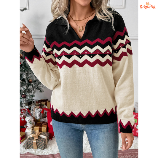 Striped V-Neck Christmas Sweater, women’s festive holiday knit with slim striped design, V-neck, full sleeves, and cozy autumn/winter fit.