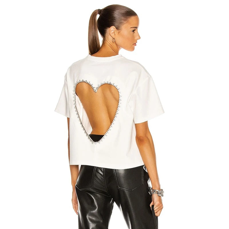 Love Hollowed-out T-Shirt with Diamond Studs