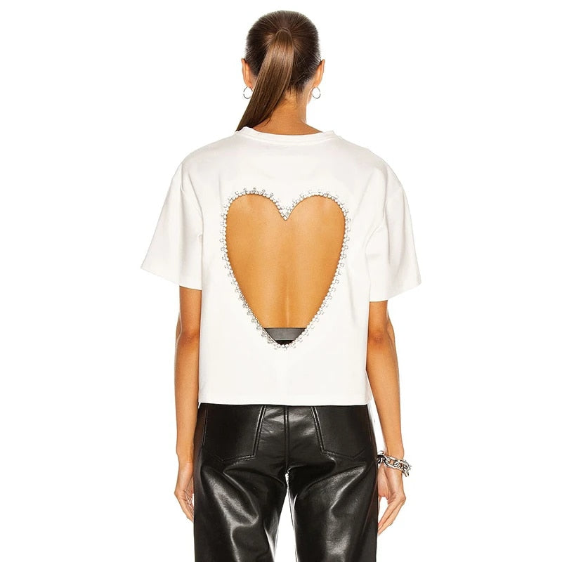 Love Hollowed-out T-Shirt with Diamond Studs