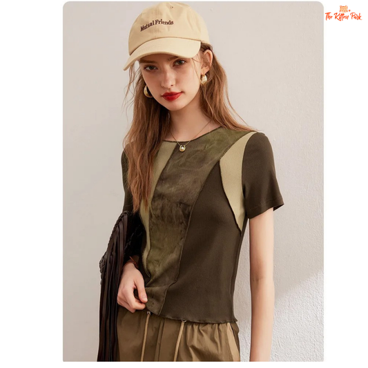 Women's slim-fit patchwork tee with geometric design, short sleeves, and round neck — casual viscose-spandex top for summer 2025 in elegant style.