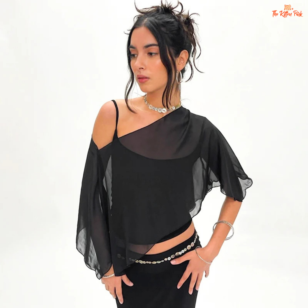 2-piece set with ruffled mesh off-shoulder top and matching camisole, featuring butterfly sleeves and a loose, comfy fit in streetwear style.