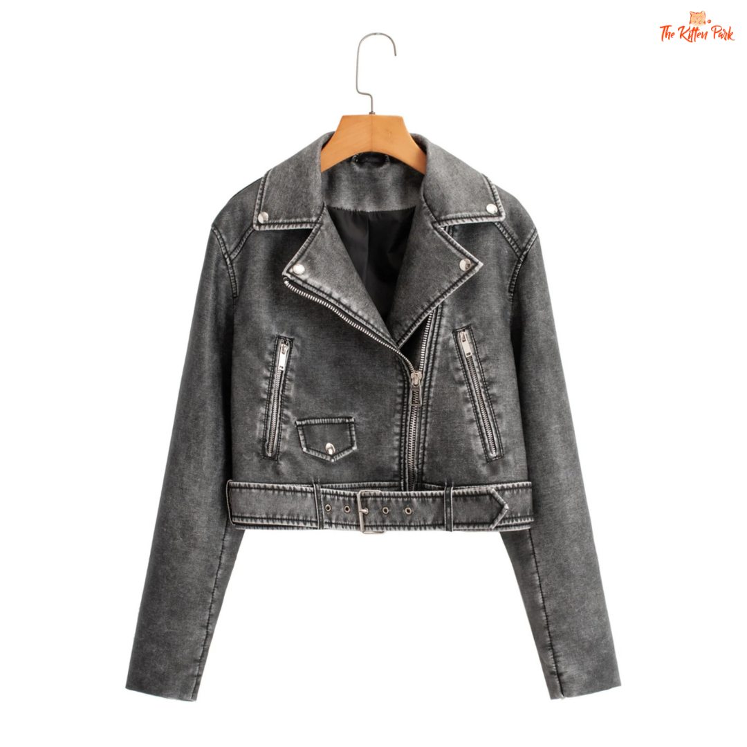 A women's faux PU leather moto jacket with a vintage short cut, full zipper closure, turn-down collar, and casual all-season style in solid color.