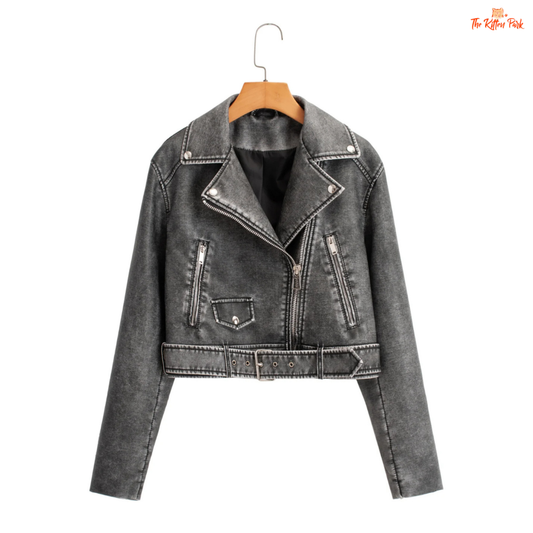 A women's faux PU leather moto jacket with a vintage short cut, full zipper closure, turn-down collar, and casual all-season style in solid color.