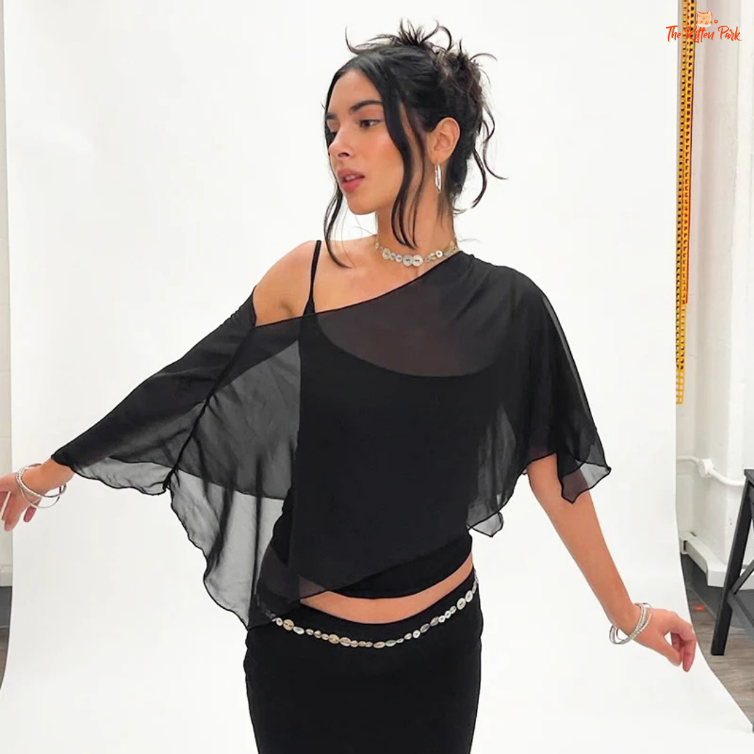 2-piece set with ruffled mesh off-shoulder top and matching camisole, featuring butterfly sleeves and a loose, comfy fit in streetwear style.