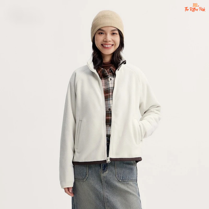 A women’s polar fleece winter coat with a stand collar, antistatic fabric, loose fit, zipper closure, and casual warm style.