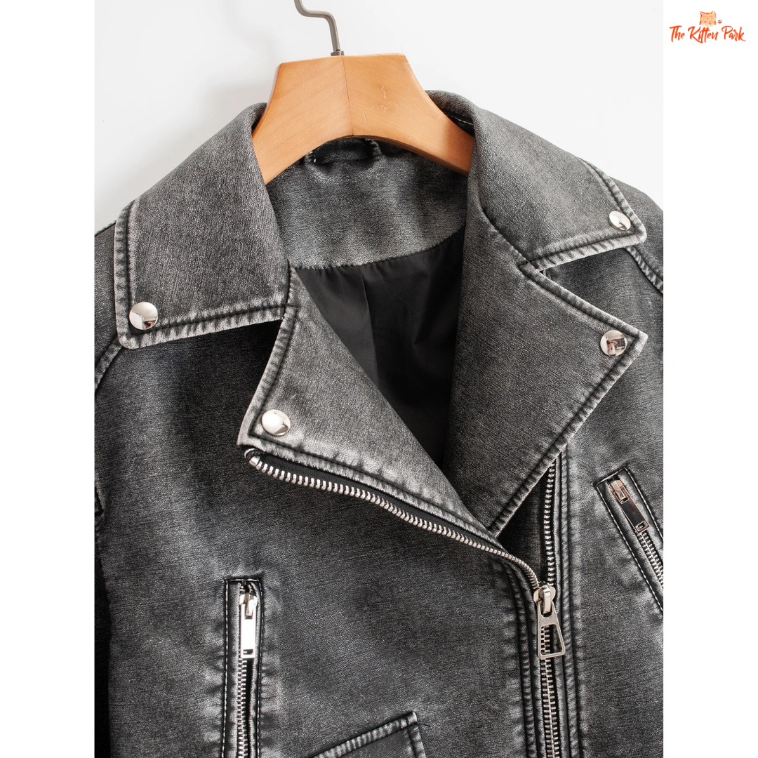 A women's faux PU leather moto jacket with a vintage short cut, full zipper closure, turn-down collar, and casual all-season style in solid color.