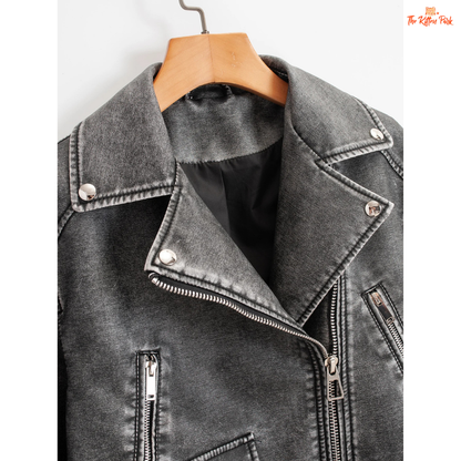 A women's faux PU leather moto jacket with a vintage short cut, full zipper closure, turn-down collar, and casual all-season style in solid color.