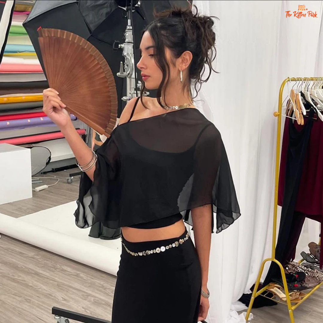 2-piece set with ruffled mesh off-shoulder top and matching camisole, featuring butterfly sleeves and a loose, comfy fit in streetwear style.