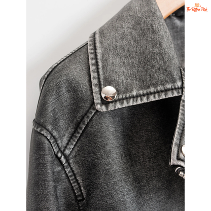 A women's faux PU leather moto jacket with a vintage short cut, full zipper closure, turn-down collar, and casual all-season style in solid color.