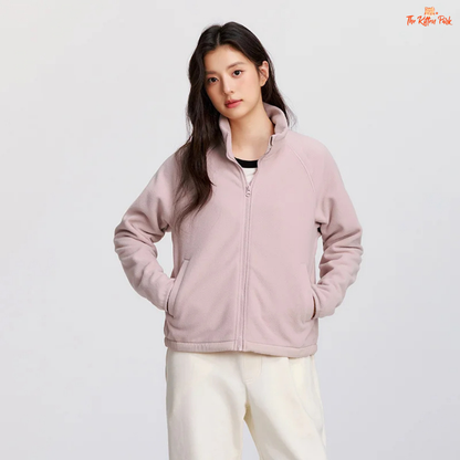 A women’s polar fleece winter coat with a stand collar, antistatic fabric, loose fit, zipper closure, and casual warm style.
