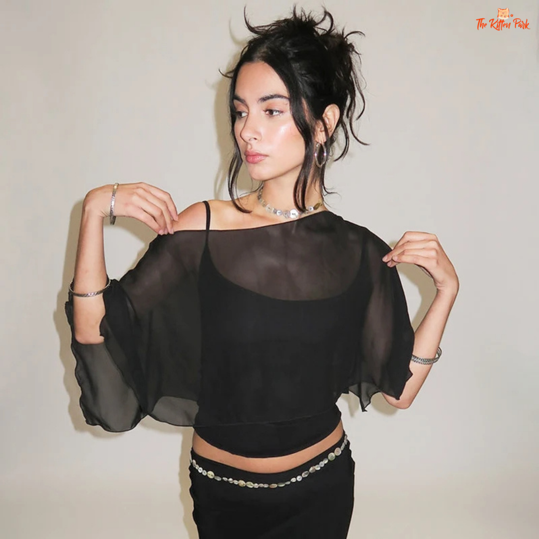 2-piece set with ruffled mesh off-shoulder top and matching camisole, featuring butterfly sleeves and a loose, comfy fit in streetwear style.