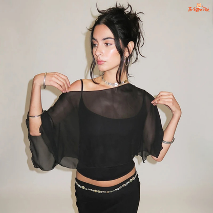 2-piece set with ruffled mesh off-shoulder top and matching camisole, featuring butterfly sleeves and a loose, comfy fit in streetwear style.