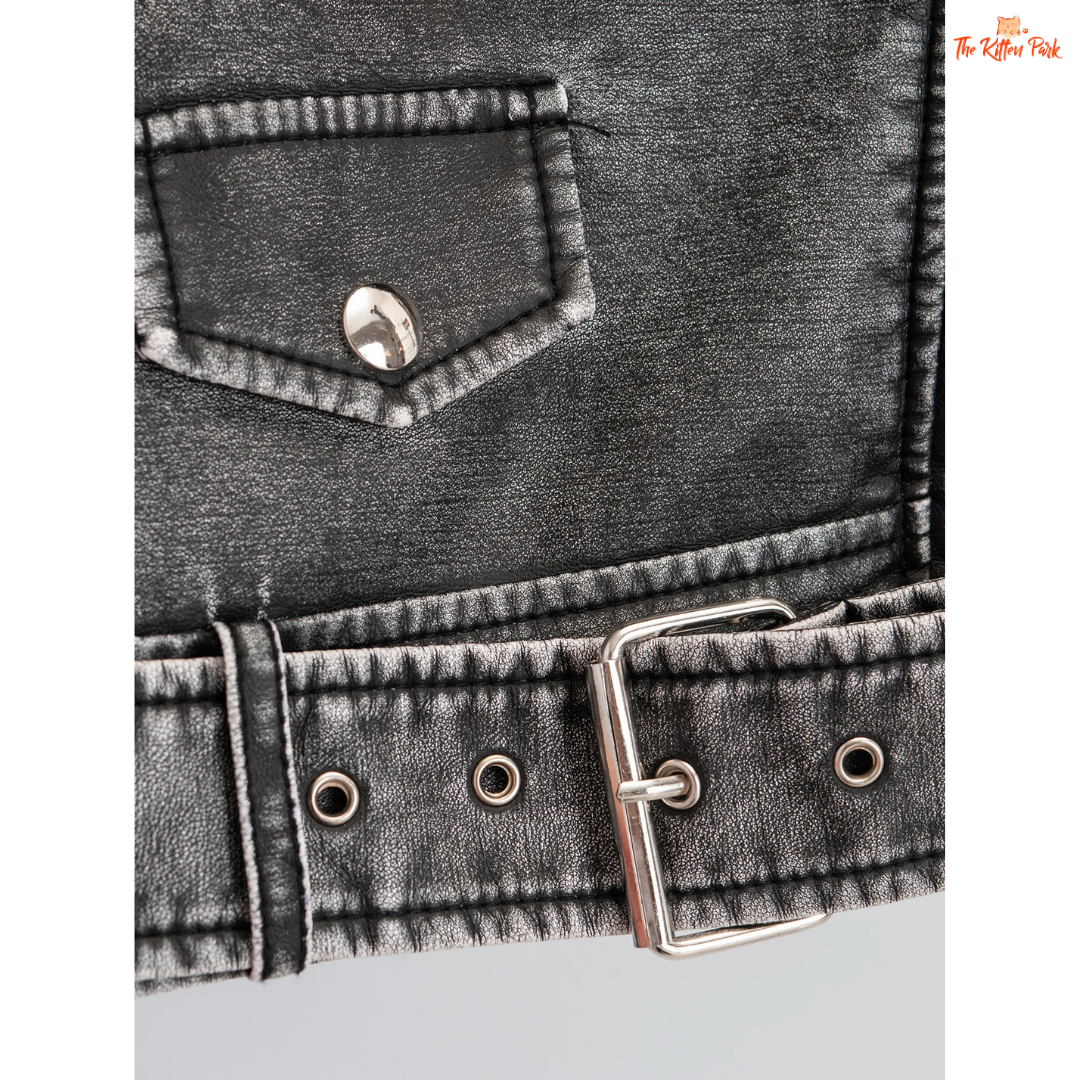 A women's faux PU leather moto jacket with a vintage short cut, full zipper closure, turn-down collar, and casual all-season style in solid color.