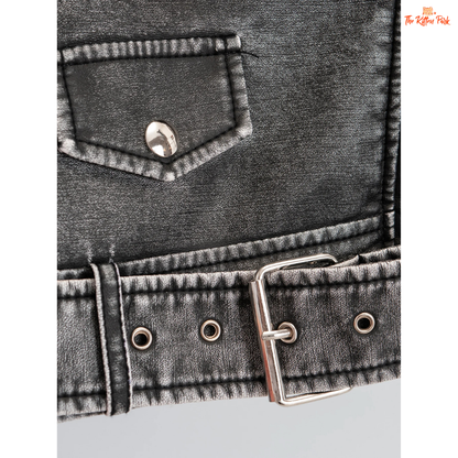 A women's faux PU leather moto jacket with a vintage short cut, full zipper closure, turn-down collar, and casual all-season style in solid color.