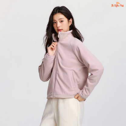 A women’s polar fleece winter coat with a stand collar, antistatic fabric, loose fit, zipper closure, and casual warm style.