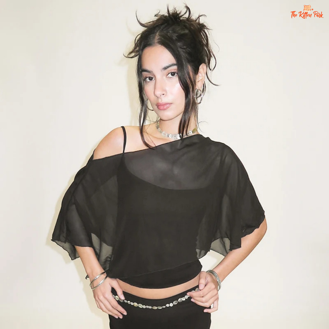 2-piece set with ruffled mesh off-shoulder top and matching camisole, featuring butterfly sleeves and a loose, comfy fit in streetwear style.