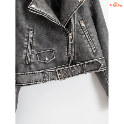 A women's faux PU leather moto jacket with a vintage short cut, full zipper closure, turn-down collar, and casual all-season style in solid color.