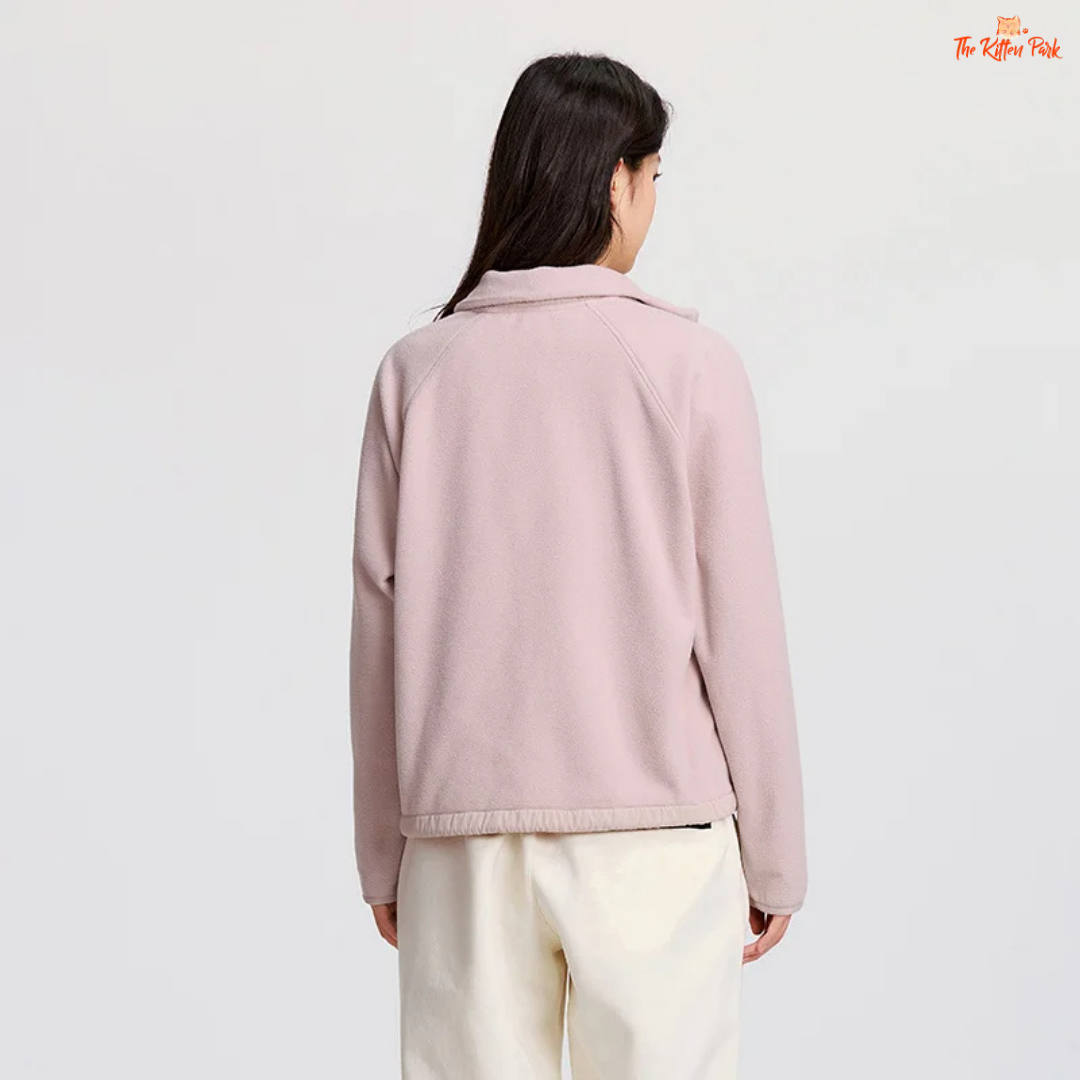 A women’s polar fleece winter coat with a stand collar, antistatic fabric, loose fit, zipper closure, and casual warm style.