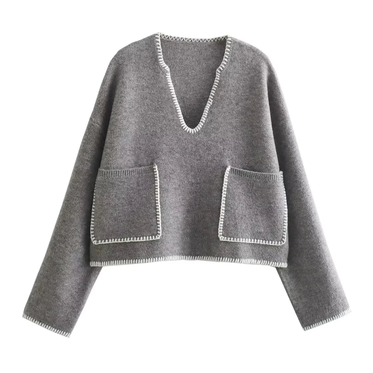 Big Pockets Design Grey Cropped Sweaters For Women