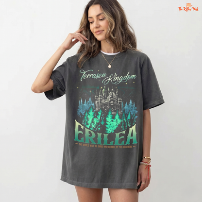 Woman wearing a dark gray t-shirt with 'Terrisen Kingdom Erilea' graphic design on a white background