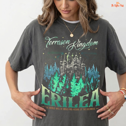 Person wearing a t-shirt with 'Terrasen Kingdom Erilea' design on a plain background
