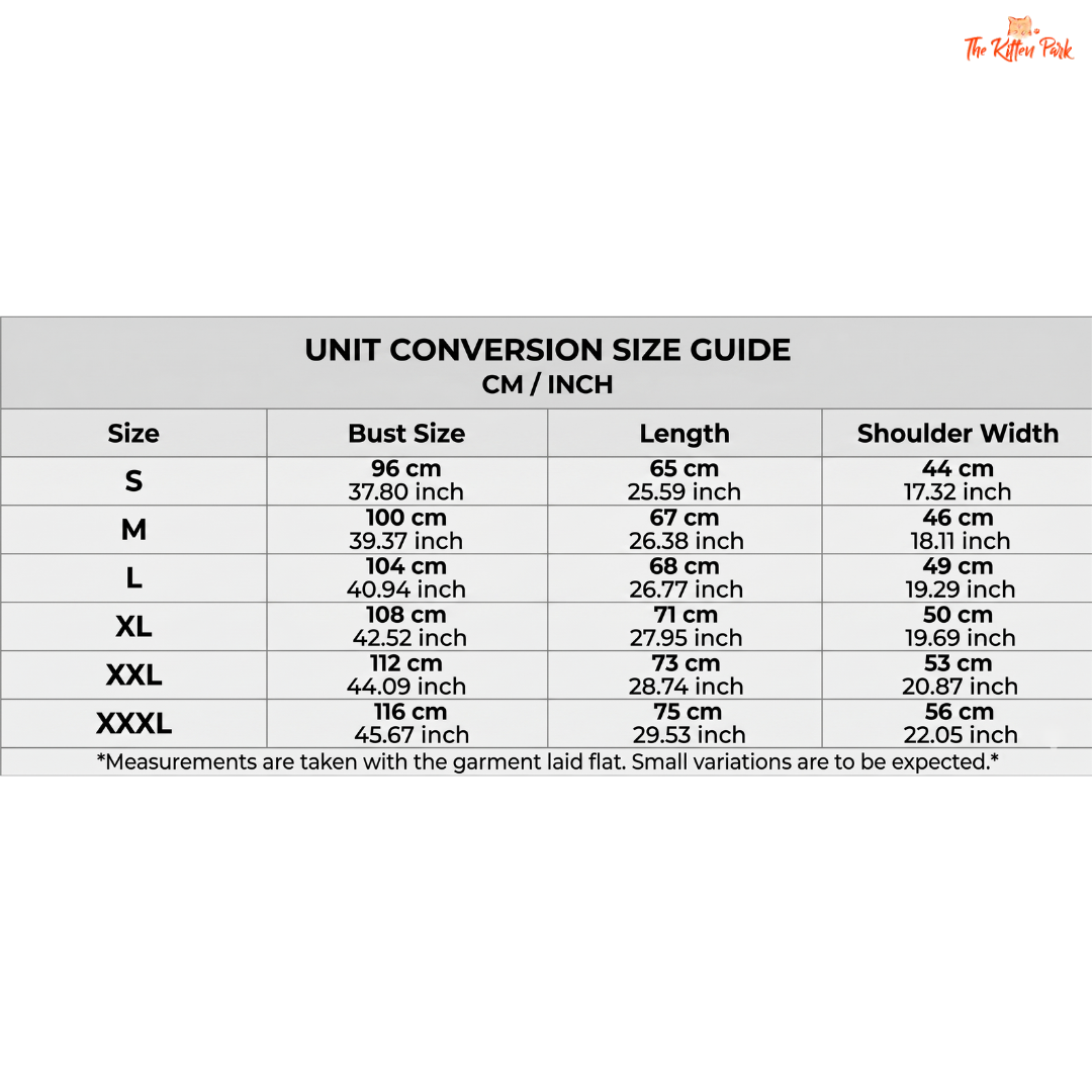 Unit conversion size guide with measurements in centimeters and inches.