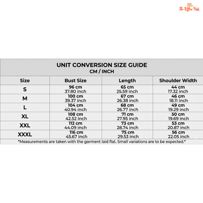 Unit conversion size guide with measurements in centimeters and inches.
