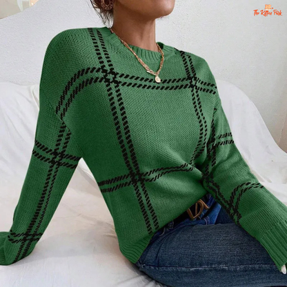 Trendy Striped Sweater in acrylic knit with colorful stripes, O-neck, long sleeves, crochet details, and loose pullover fit for autumn winter wear.