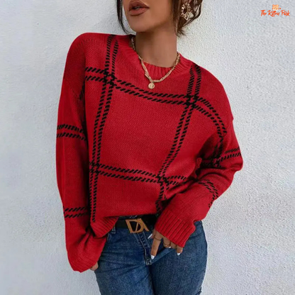 Trendy Striped Sweater in acrylic knit with colorful stripes, O-neck, long sleeves, crochet details, and loose pullover fit for autumn winter wear.