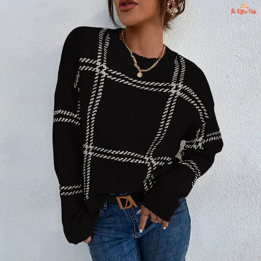 Trendy Striped Sweater in acrylic knit with colorful stripes, O-neck, long sleeves, crochet details, and loose pullover fit for autumn winter wear.