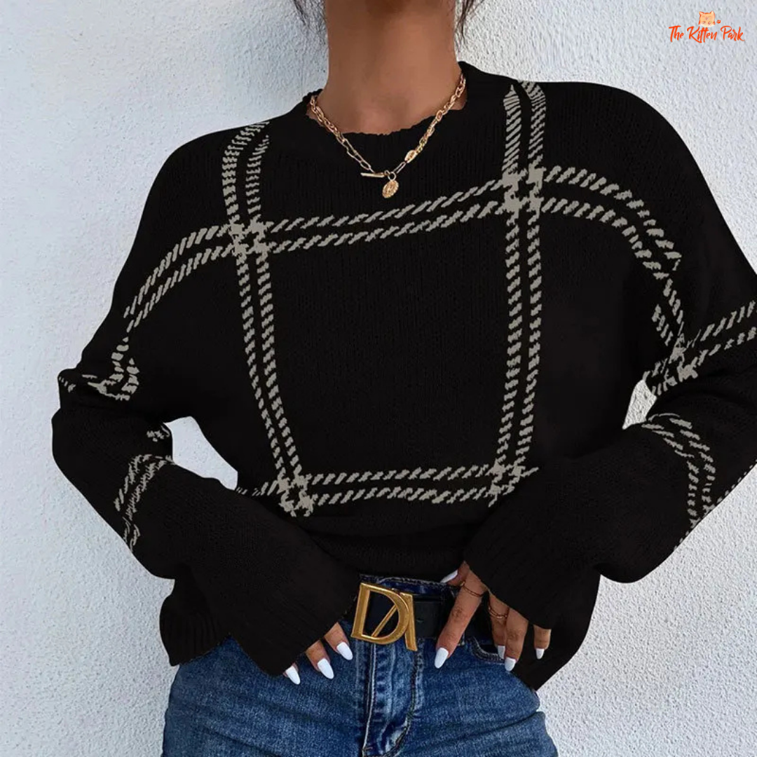 Trendy Striped Sweater in acrylic knit with colorful stripes, O-neck, long sleeves, crochet details, and loose pullover fit for autumn winter wear.