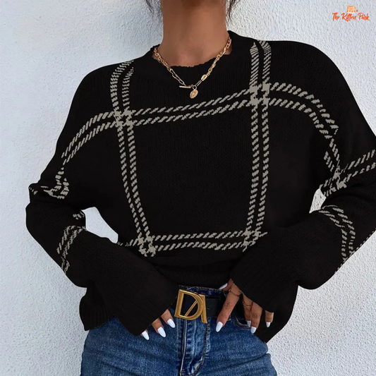 Trendy Striped Sweater in acrylic knit with colorful stripes, O-neck, long sleeves, crochet details, and loose pullover fit for autumn winter wear.