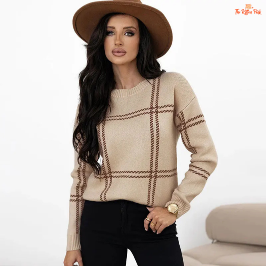 Trendy Striped Sweater in acrylic knit with colorful stripes, O-neck, long sleeves, crochet details, and loose pullover fit for autumn winter wear.