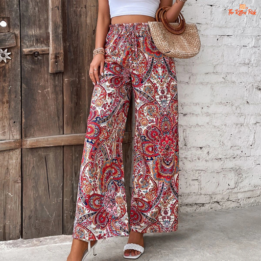 Vintage floral wide-leg pants with a high elastic waist and pleated design, perfect for summer boho outfits.