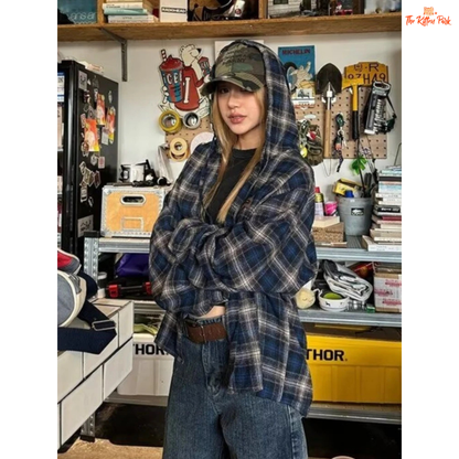 Plaid hooded shirt for women featuring a loose Harajuku fit, full sleeves, single-breasted closure, and cotton blend fabric ideal for spring layering.